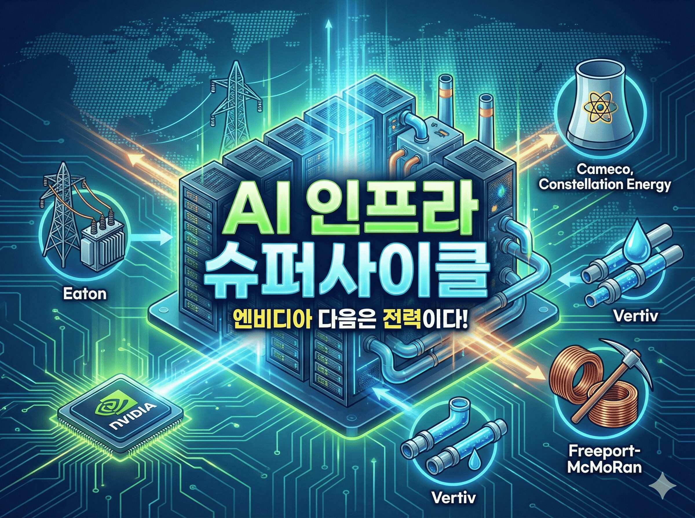 AI 인프라 슈퍼사이클 데이터센터 전력망 일러스트 - 엔비디아 다음 미국주식 수혜주
