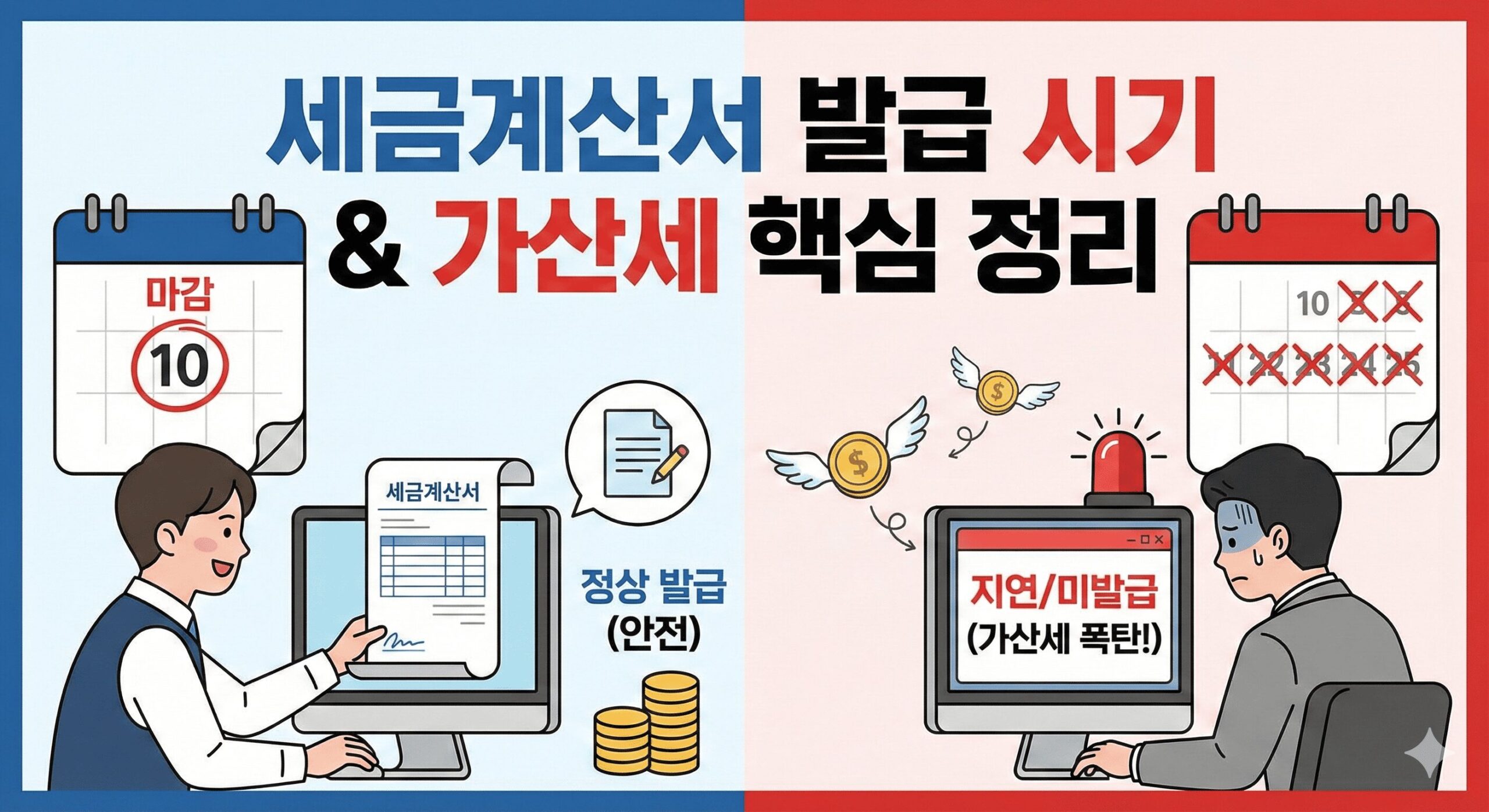 세금계산서 발급 시기 10일 마감 정상 발급과 지연 미발급 가산세 폭탄 비교 인포그래픽